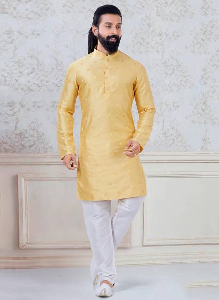Yellow Colour Fancy Festive Wear Designer Latest Kurta Pajama Mens Collection Ks 1107